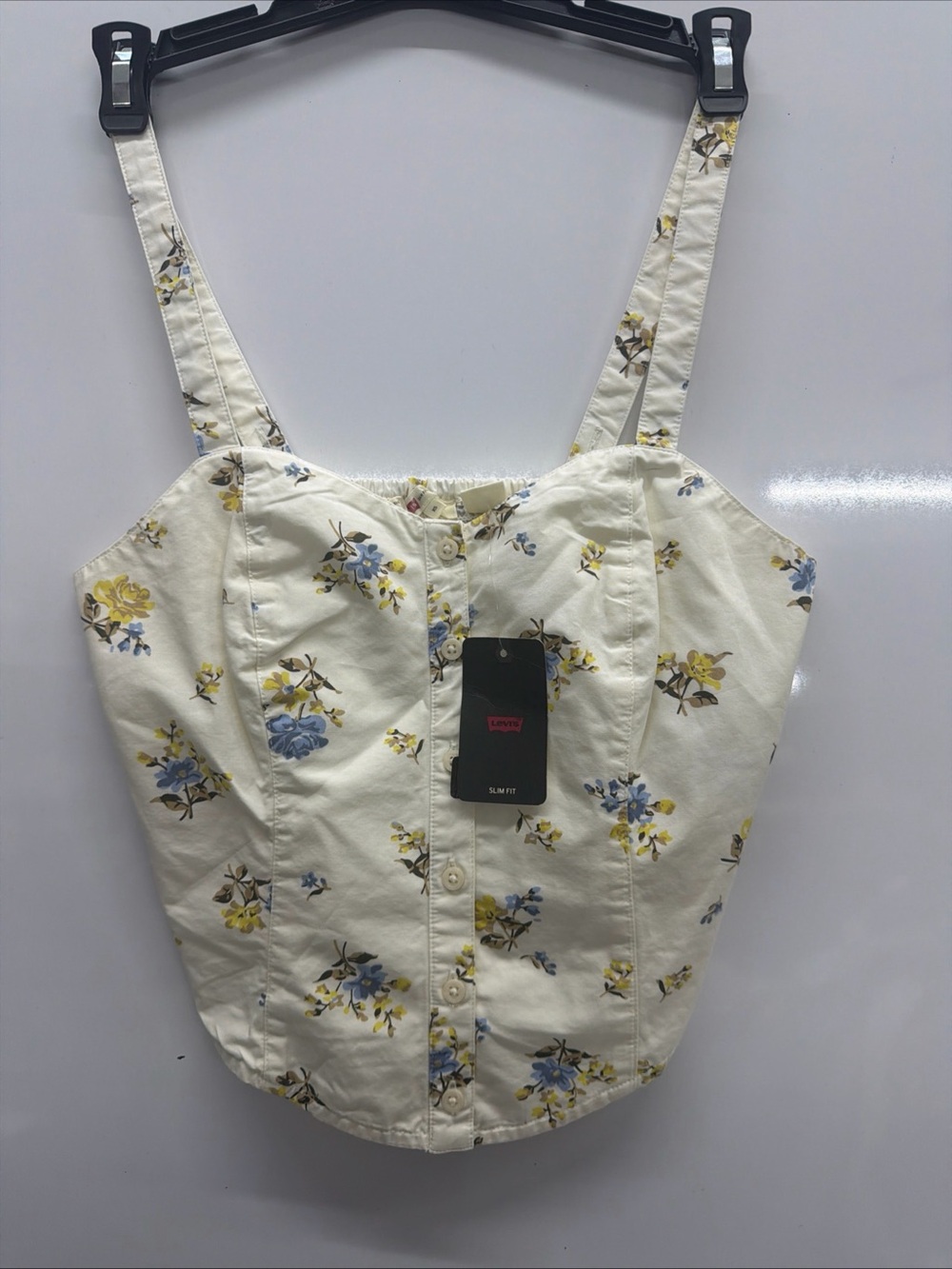 Levi's Cream Floral Button-Front Crop Top with Blue & Yellow Blooms